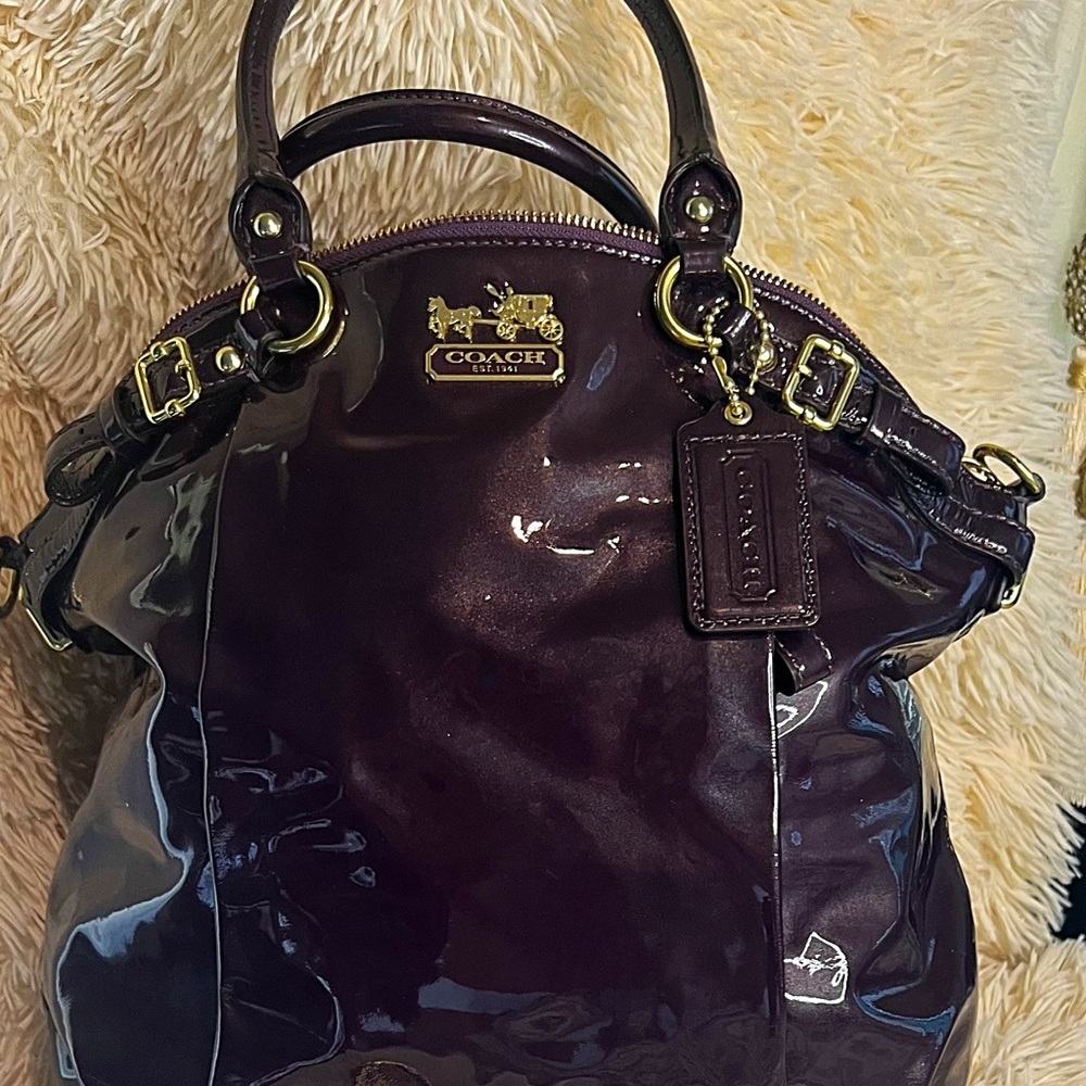 Coach Madison Lindsay Purple Plum Patent Leather Satchel Handbag